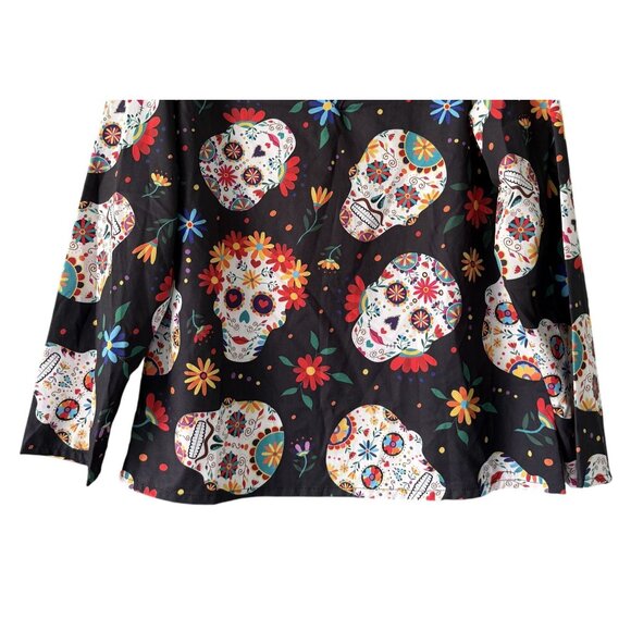 Misslook Women's Black Floral Skull Print V-Neck Long Sleeve Blouse Size S GUC - Picture 3 of 7